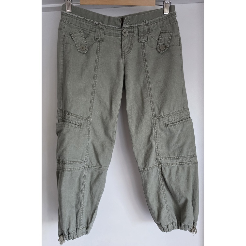VTG Bebop Women Linen Cotton Capri Pants Green Casual Cropped